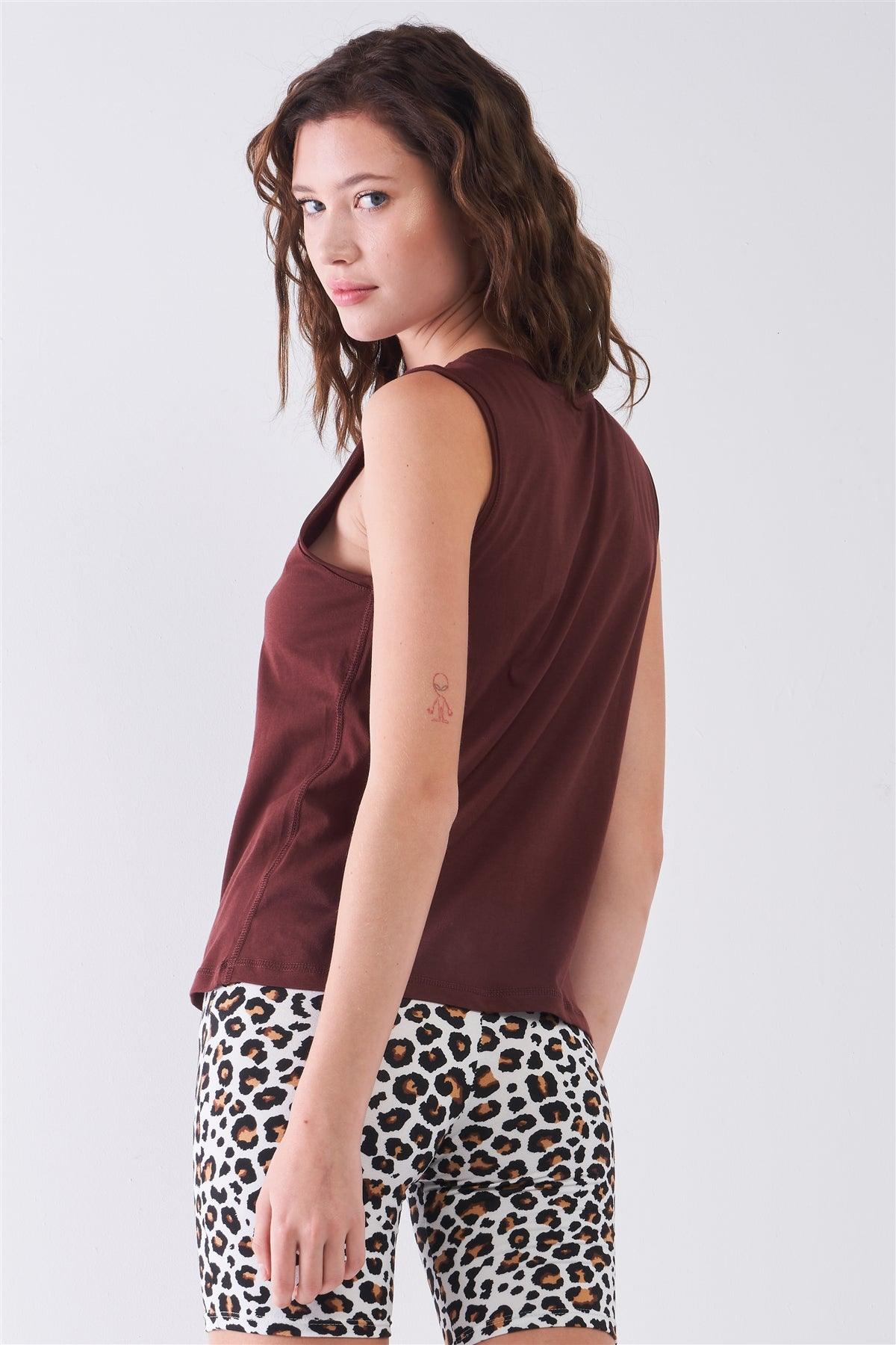 Burgundy Solid Sleeveless Raw Hem Detail Round Neck Basic Tank Top /3-2