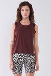 Burgundy Solid Sleeveless Raw Hem Detail Round Neck Basic Tank Top /1-2-2-1