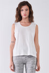 White Solid Sleeveless Raw Hem Detail Round Neck Basic Tank Top /1-2-2-1