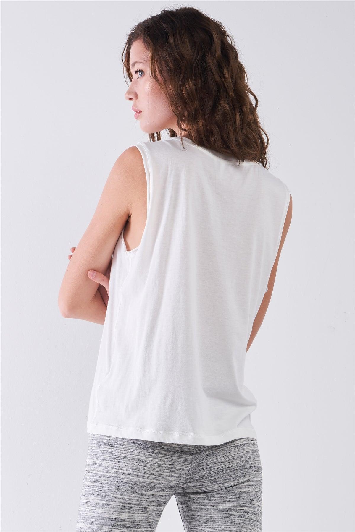 White Solid Sleeveless Raw Hem Detail Round Neck Basic Tank Top /1-2-2-1