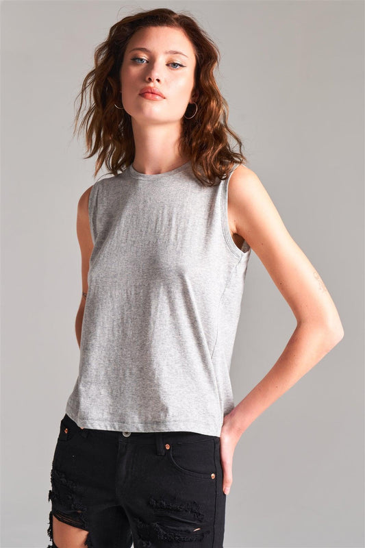 Heather Grey Solid Sleeveless Round Neck Basic Tank Top /1-2-2-1