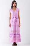 Purple Boho Crochet Trim Ruffle Mini Sleeve Detachable Self-Tie Belt Detail Layered Ruffle Maxi Dress /2-2-2