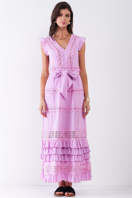 Purple Boho Crochet Trim Ruffle Mini Sleeve Detachable Self-Tie Belt Detail Layered Ruffle Maxi Dress /2-2-2