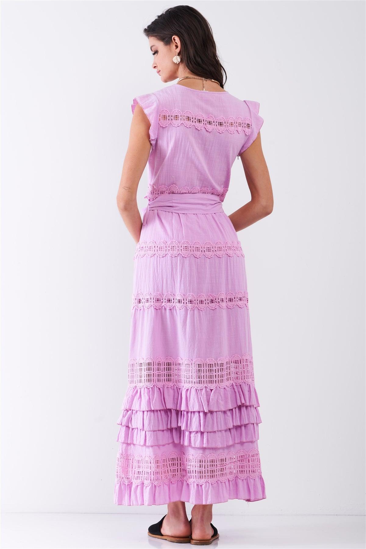 Purple Boho Crochet Trim Ruffle Mini Sleeve Detachable Self-Tie Belt Detail Layered Ruffle Maxi Dress /2-2-2