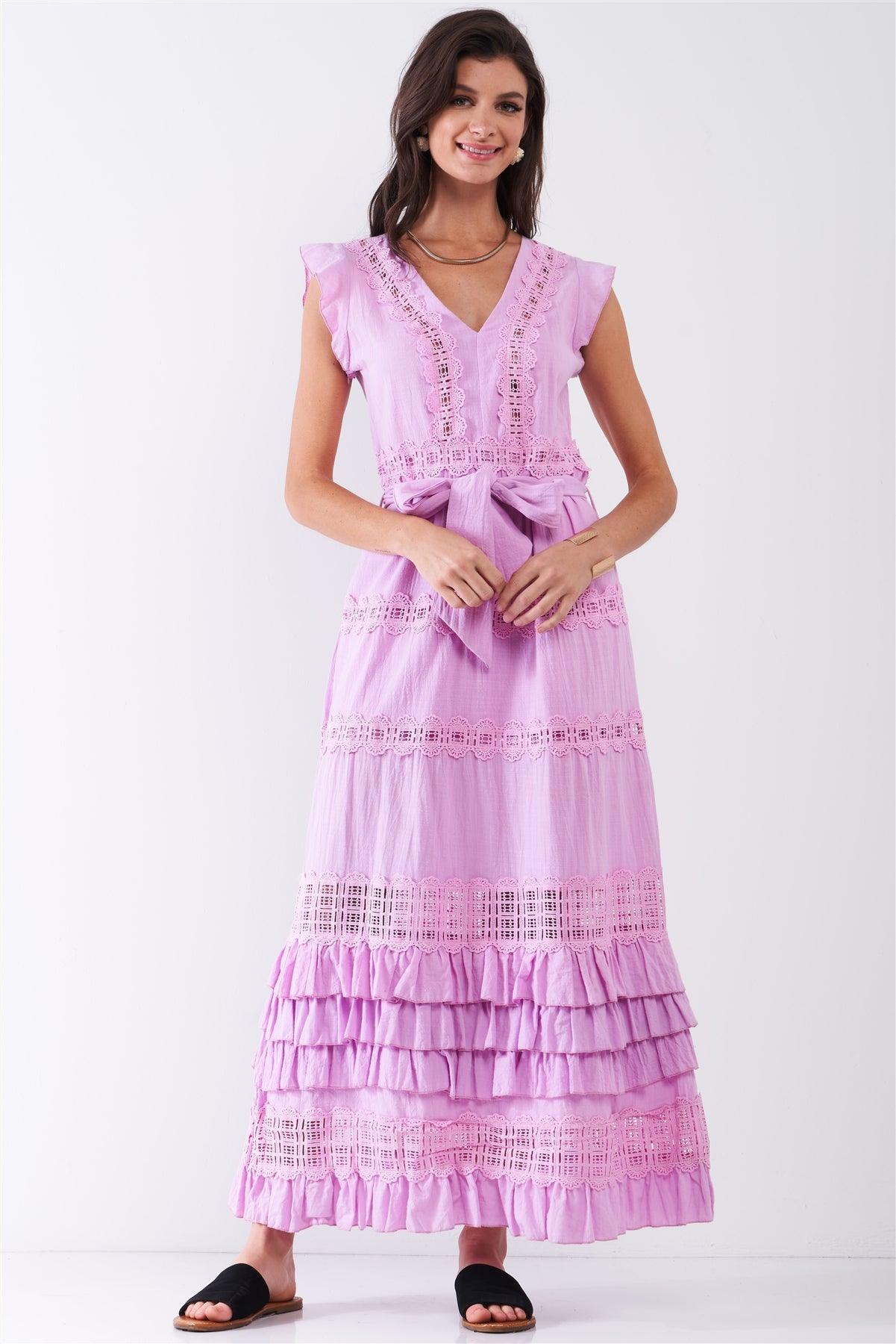 Purple Boho Crochet Trim Ruffle Mini Sleeve Detachable Self-Tie Belt Detail Layered Ruffle Maxi Dress /2-2-2