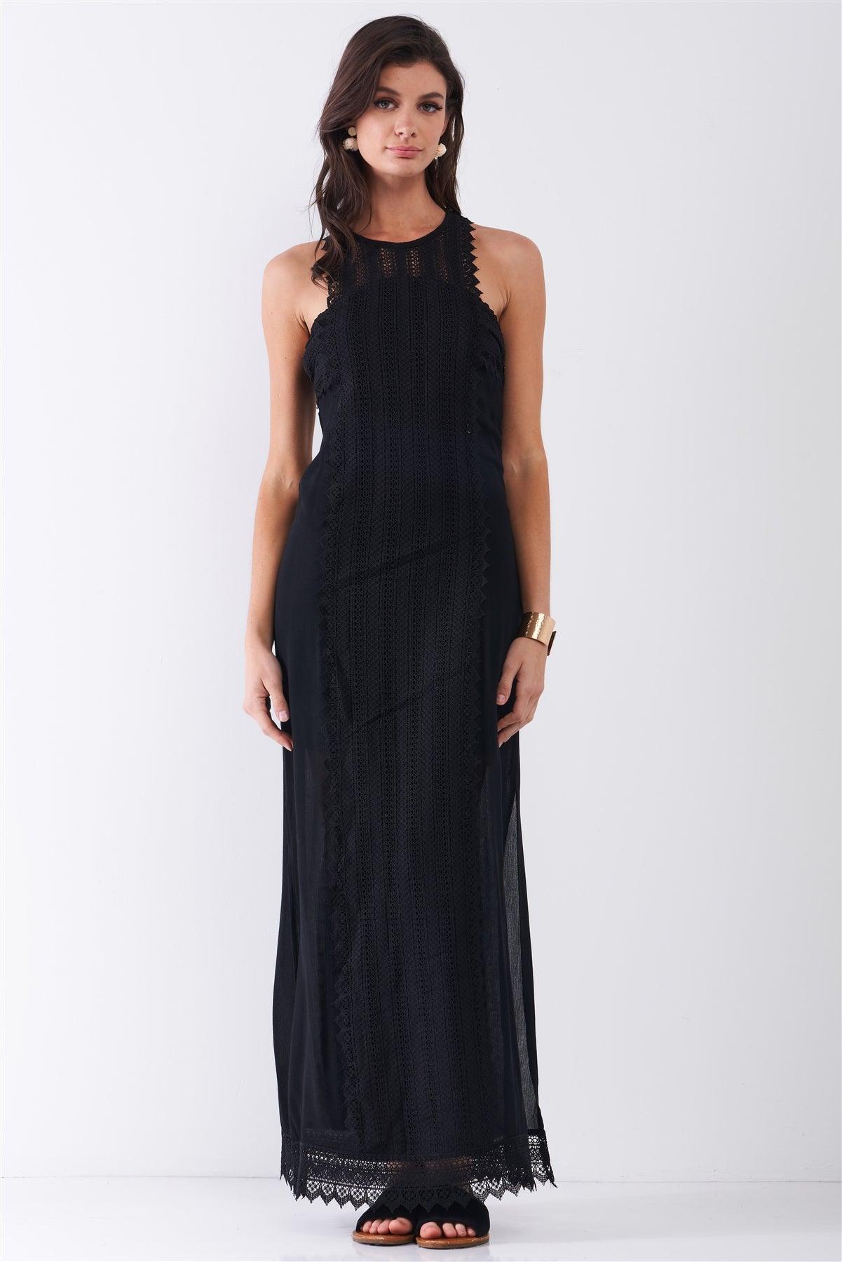 Black Boho Chic Crochet Embroidery Trim Sleeveless Round Neck Slit Detail Straight Maxi Dress /2-1-2