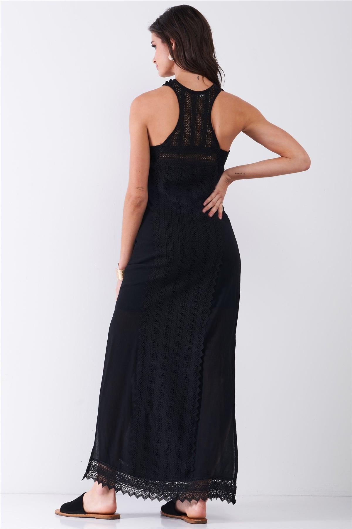 Black Boho Chic Crochet Embroidery Trim Sleeveless Round Neck Slit Detail Straight Maxi Dress /2-1-2