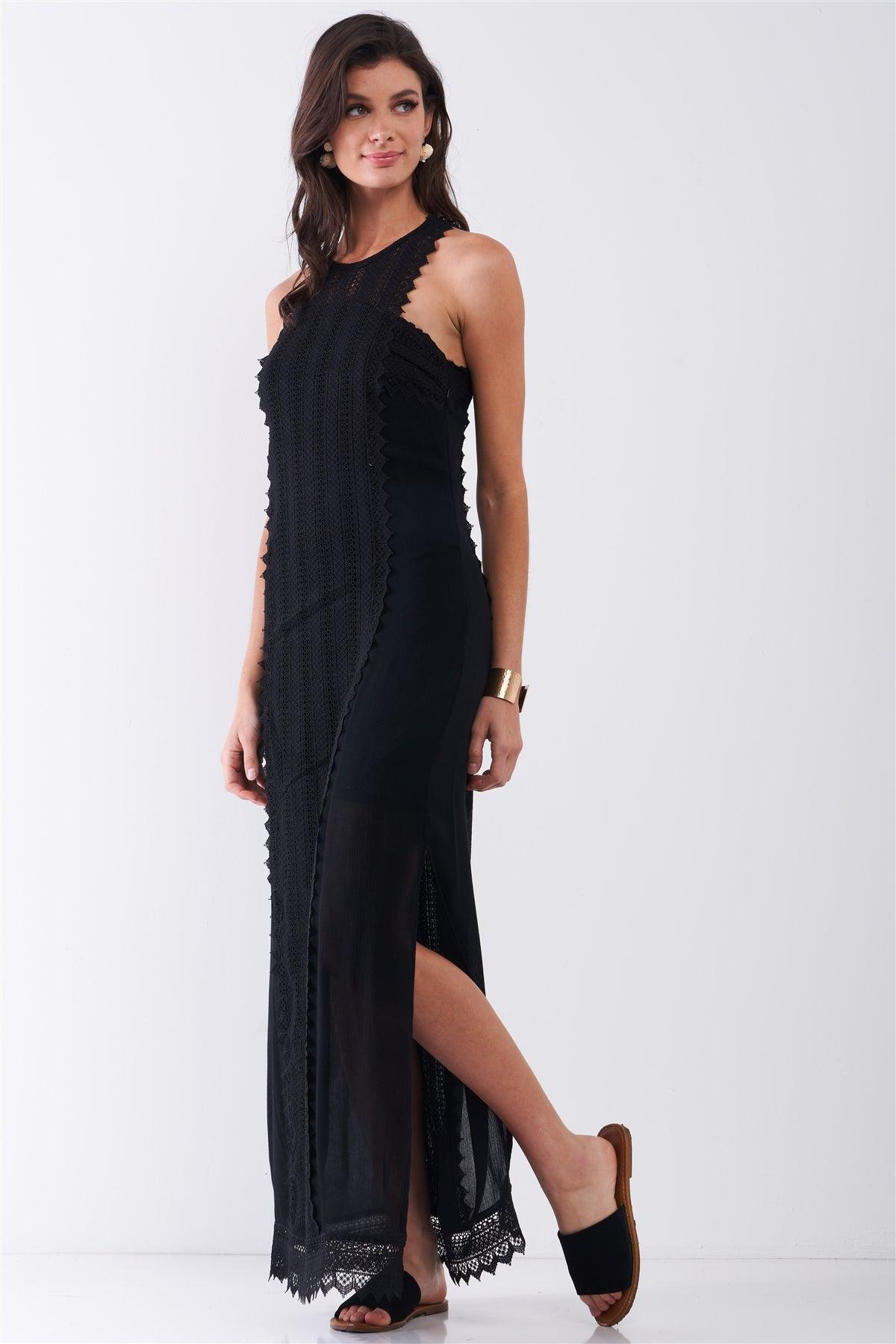 Black Boho Chic Crochet Embroidery Trim Sleeveless Round Neck Slit Detail Straight Maxi Dress /2-1-2