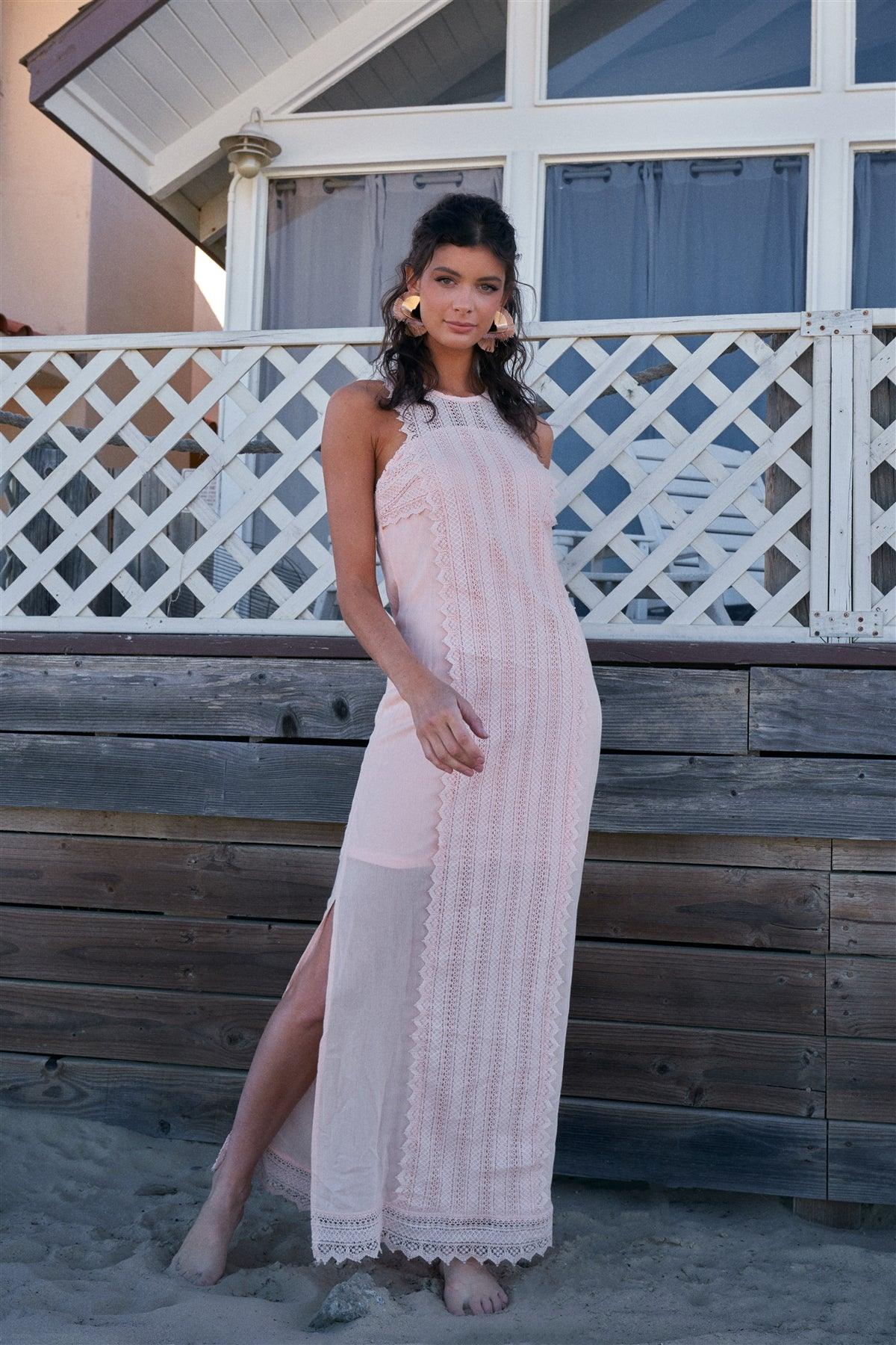 Blush Boho Chic Crochet Embroidery Trim Sleeveless Round Neck Slit Detail Straight Maxi Dress /2-2-2