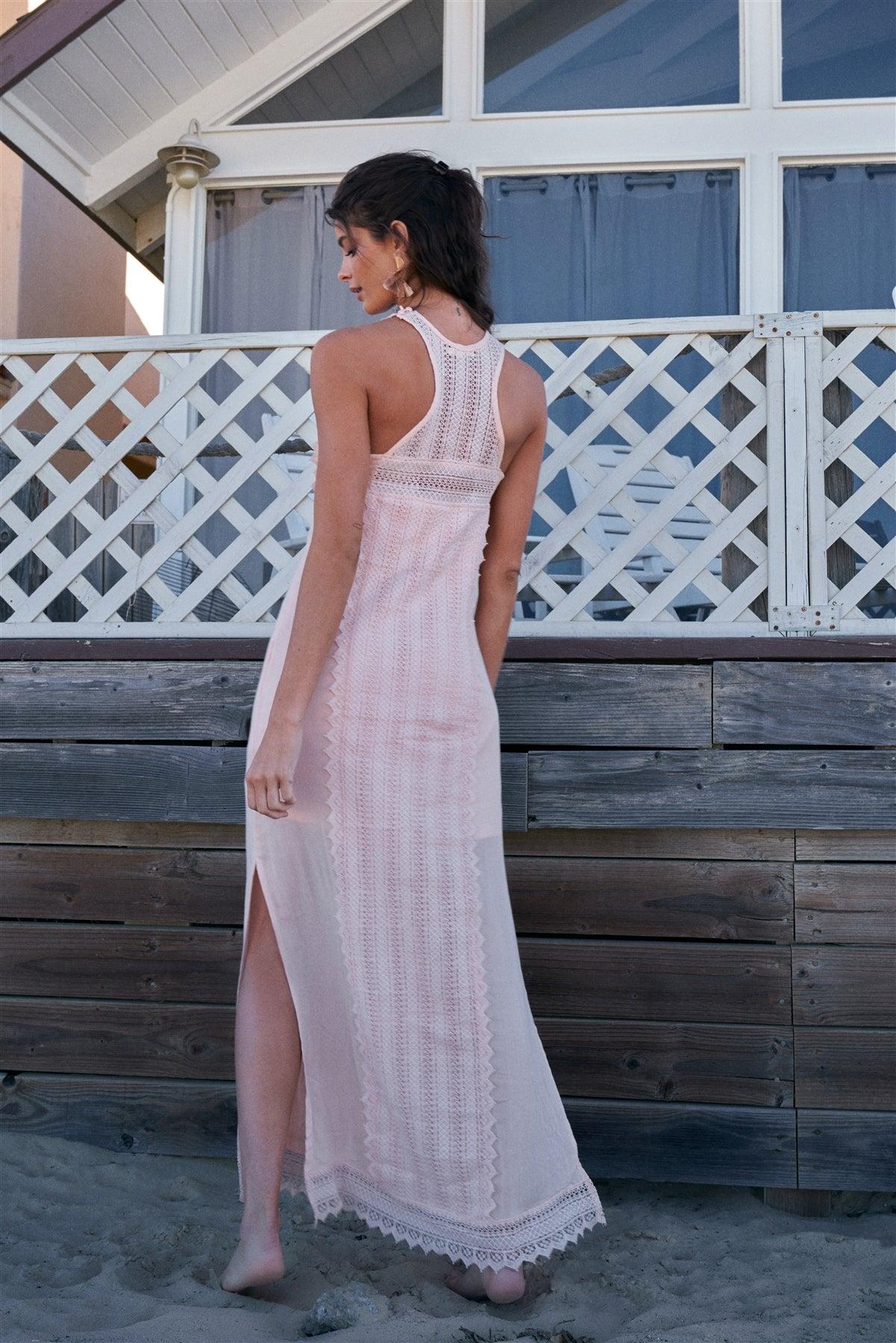 Blush Boho Chic Crochet Embroidery Trim Sleeveless Round Neck Slit Detail Straight Maxi Dress /2-2-2