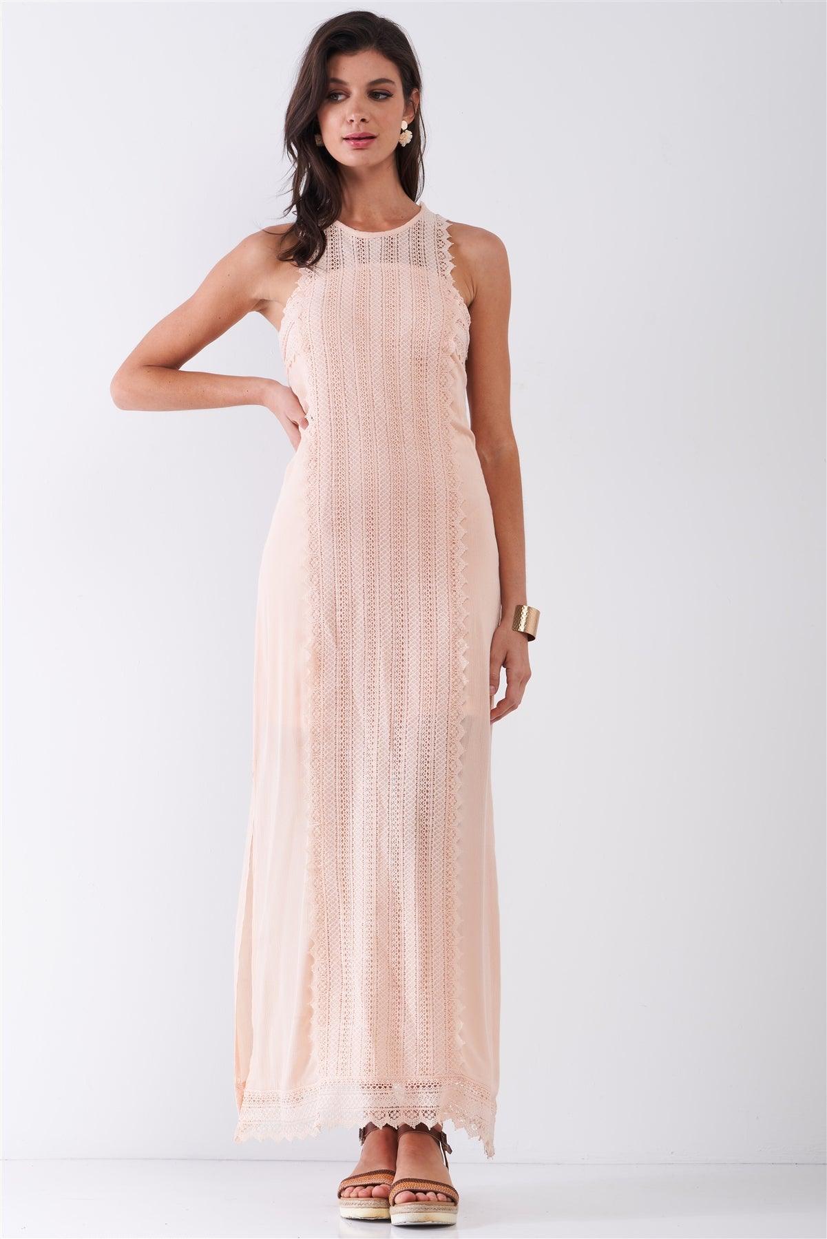 Blush Boho Chic Crochet Embroidery Trim Sleeveless Round Neck Slit Detail Straight Maxi Dress /2-2-2