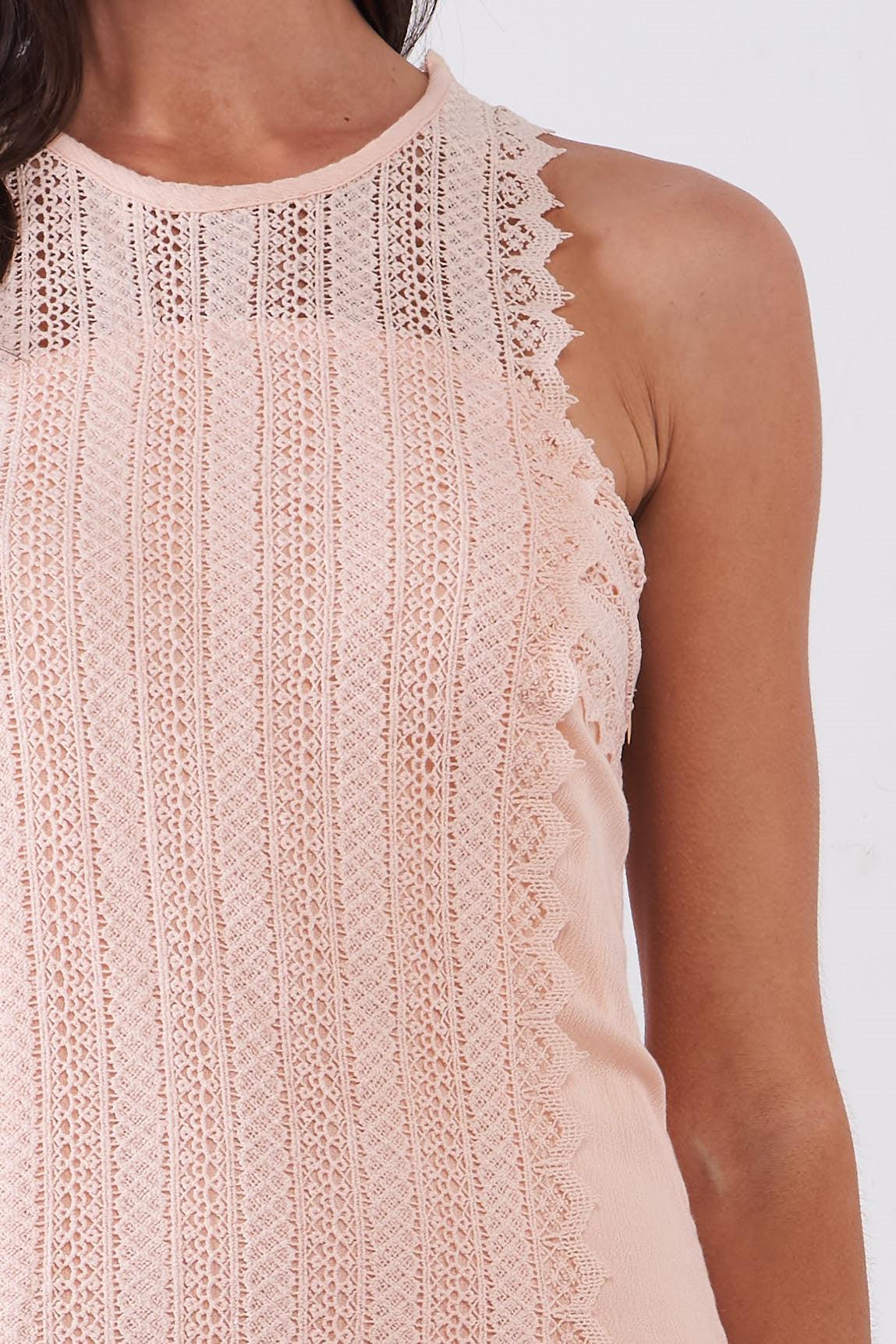 Blush Boho Chic Crochet Embroidery Trim Sleeveless Round Neck Slit Detail Straight Maxi Dress /2-2-2