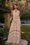 Beige Boho Crochet Sleeveless D-Ring Shoulder Hooks Detail Open Back Ruffle Maxi Dress /1-2-2