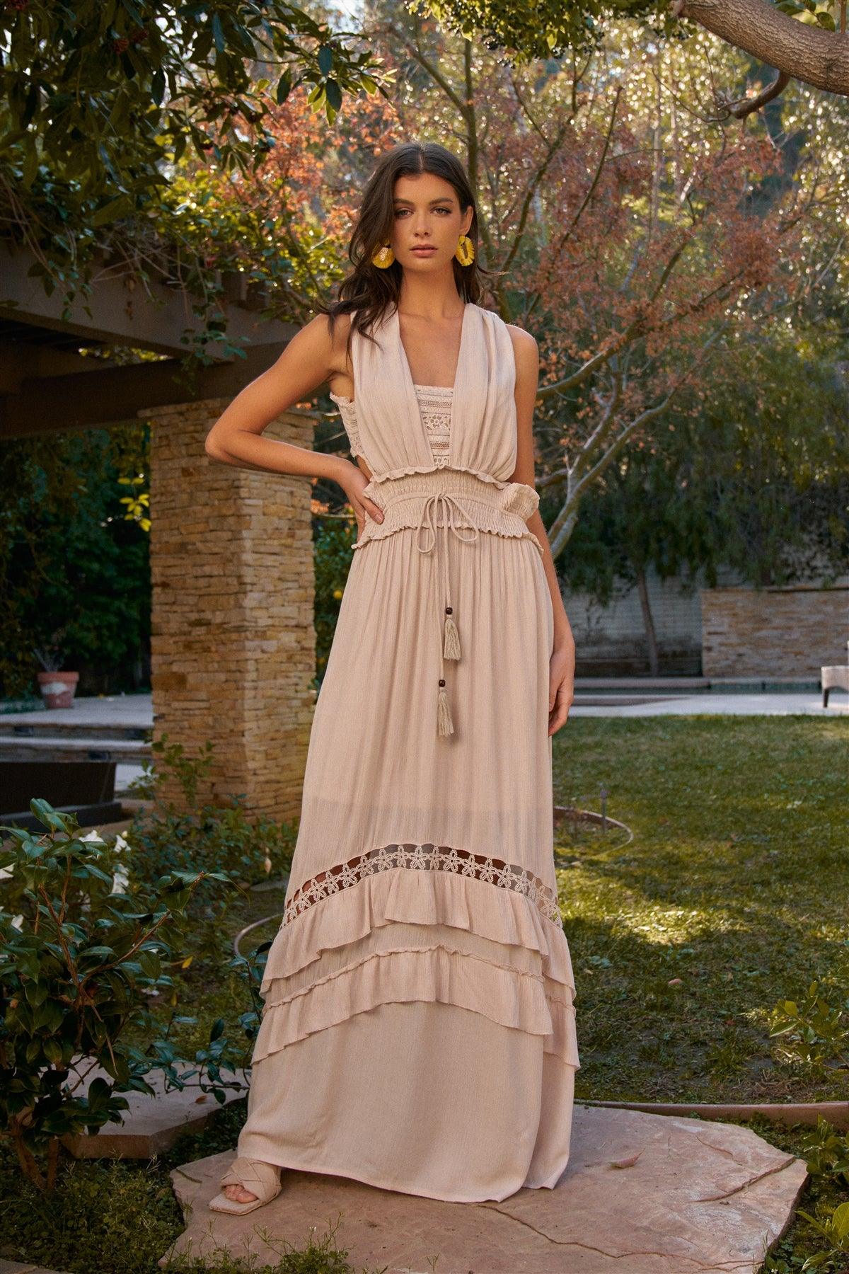 Beige Boho Crochet Sleeveless D-Ring Shoulder Hooks Detail Open Back Ruffle Maxi Dress /1-2-2