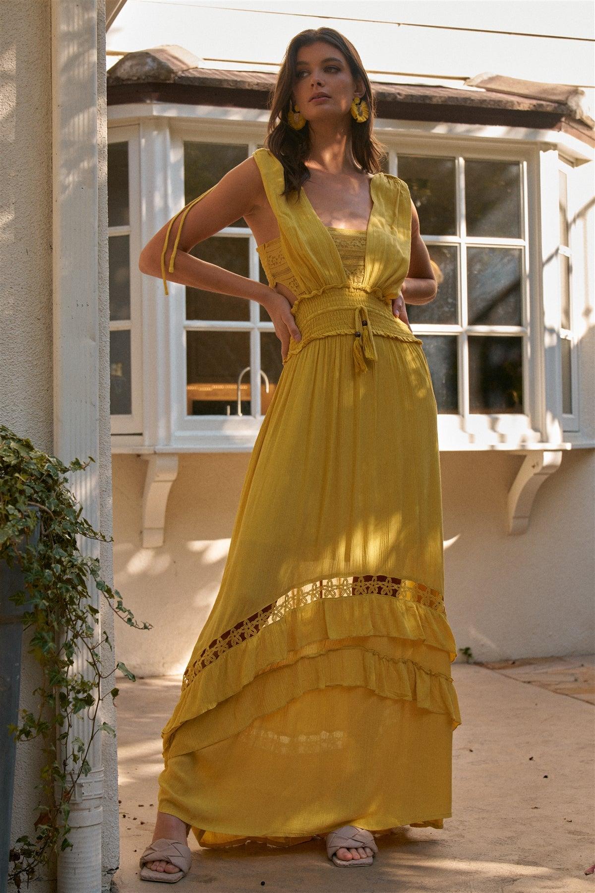 Mustard Boho Crochet Sleeveless D-Ring Shoulder Hooks Detail Open Back Ruffle Maxi Dress /1-1-2