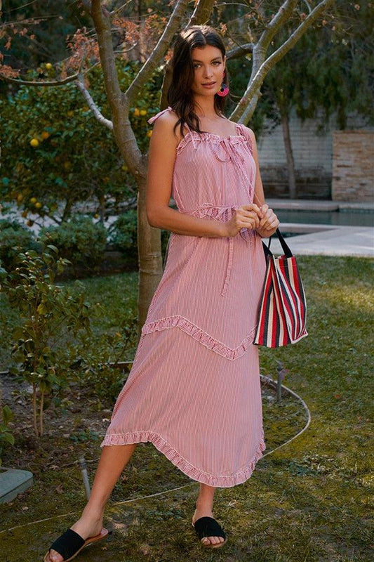 Red Striped Sleeveless V-Neck Ruffle Trim Self-Tie Waist Detail Midi Dress /4-2