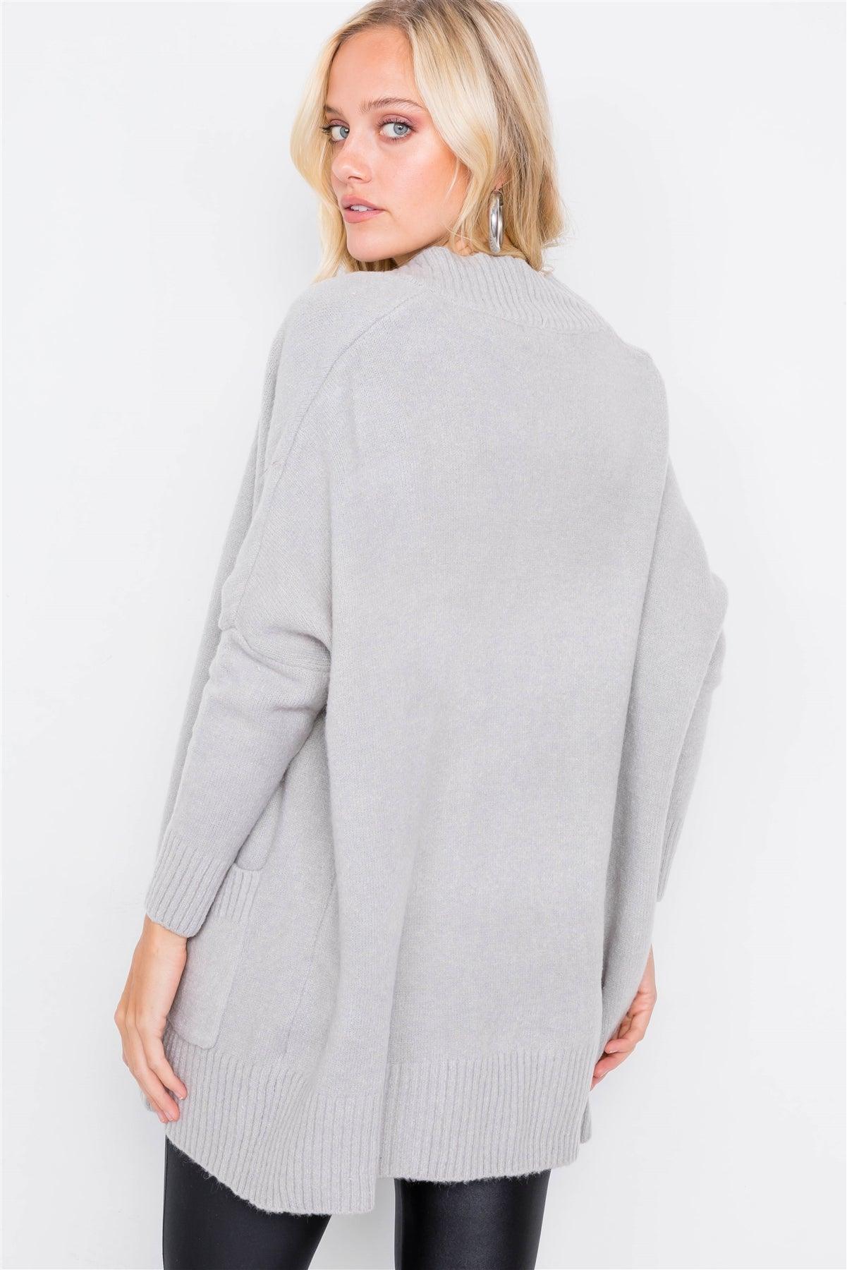 Light Grey Cotton Open Ribbed Trim Relaxed Fit Cardigan /2-2-2