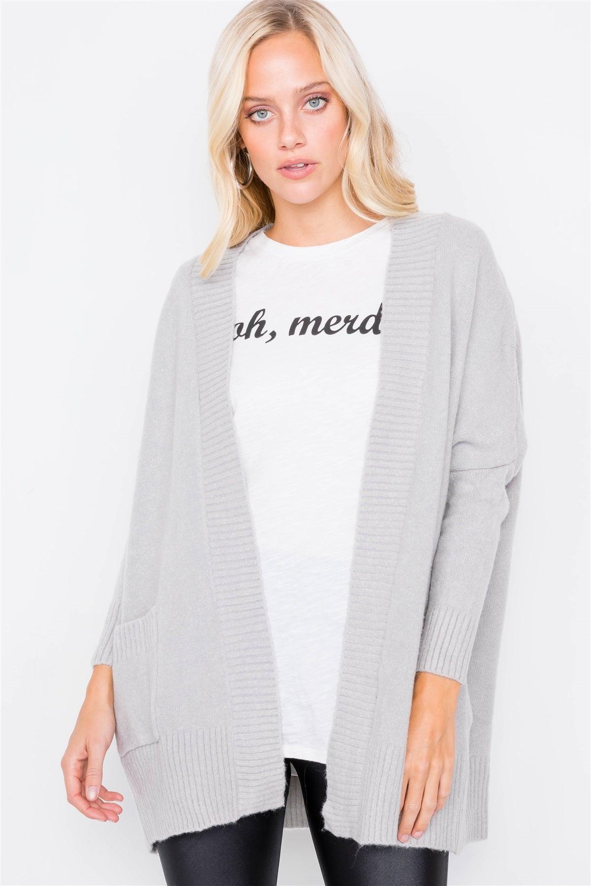 Light Grey Cotton Open Ribbed Trim Relaxed Fit Cardigan /2-2-2