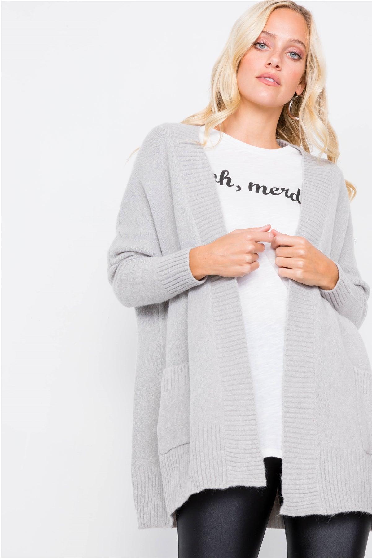 Light Grey Cotton Open Ribbed Trim Relaxed Fit Cardigan /2-2-2