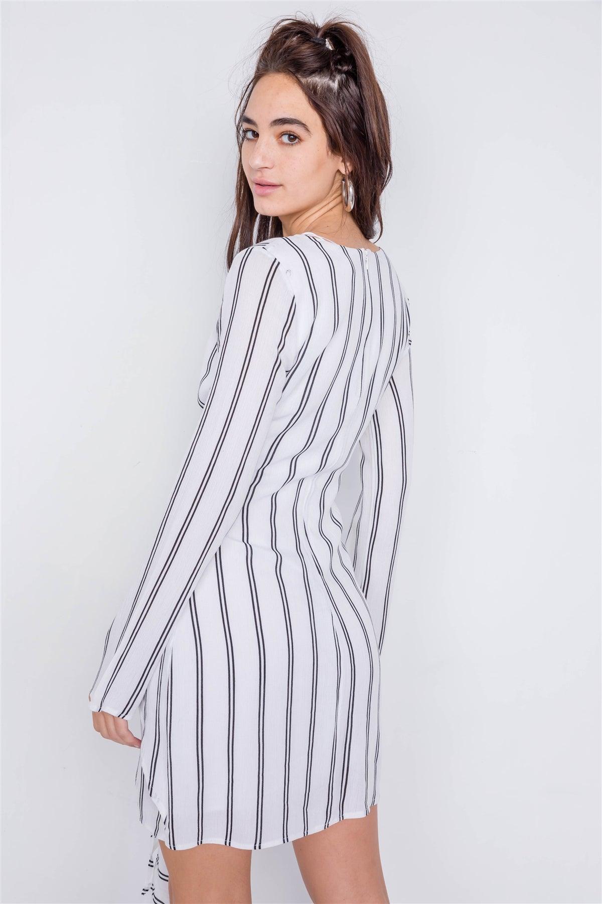 Off-White Black Stripe Mock Wrap Office Chic Mini Dress /3-2-1