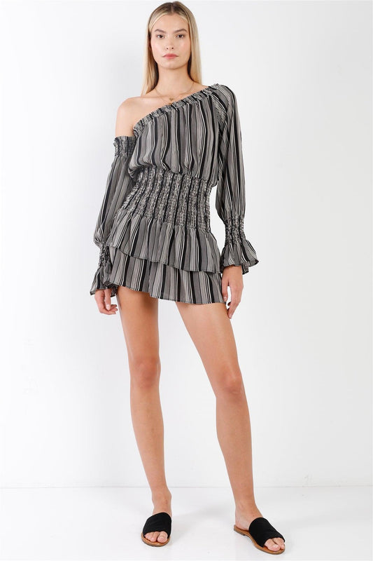 Black & White Striped One-Shoulder Long Balloon Sleeve Smock Waist Mini Dress /3-2-1