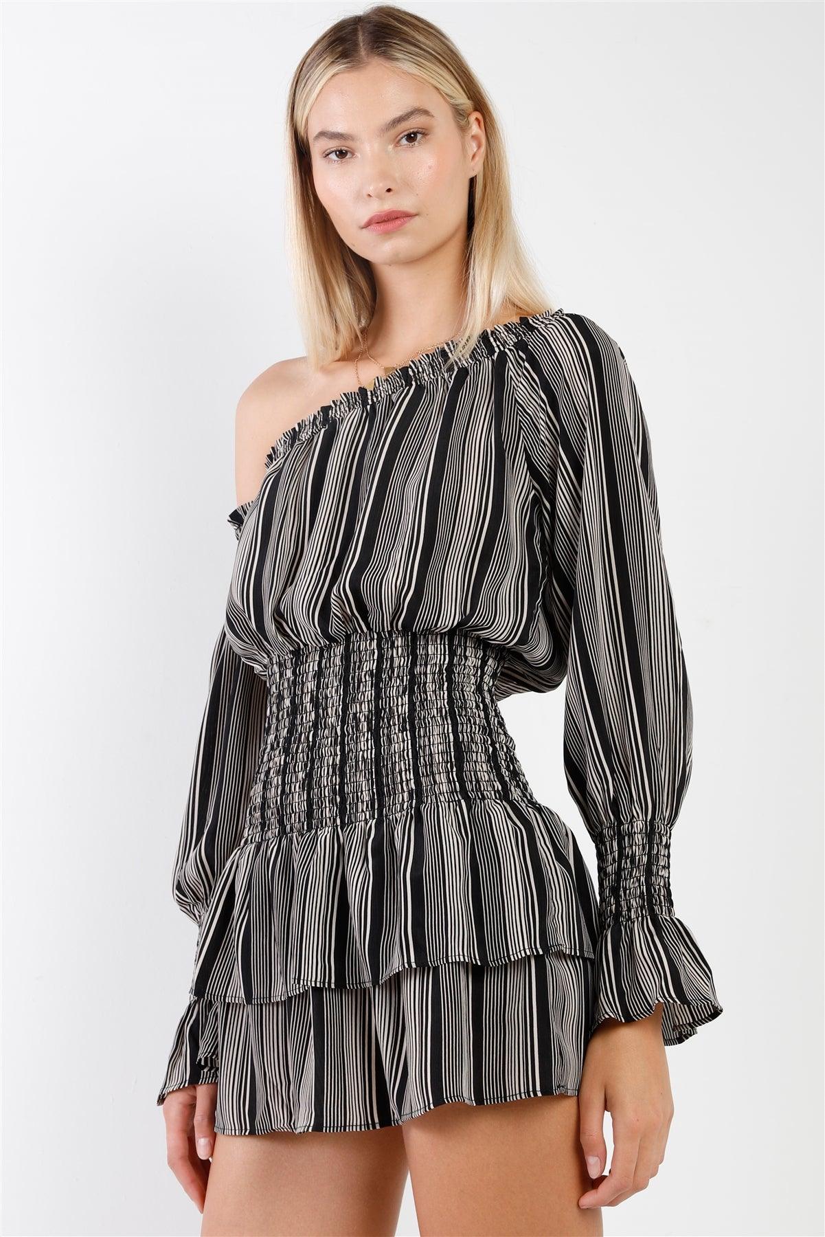 Black & White Striped One-Shoulder Long Balloon Sleeve Smock Waist Mini Dress /3-2-1