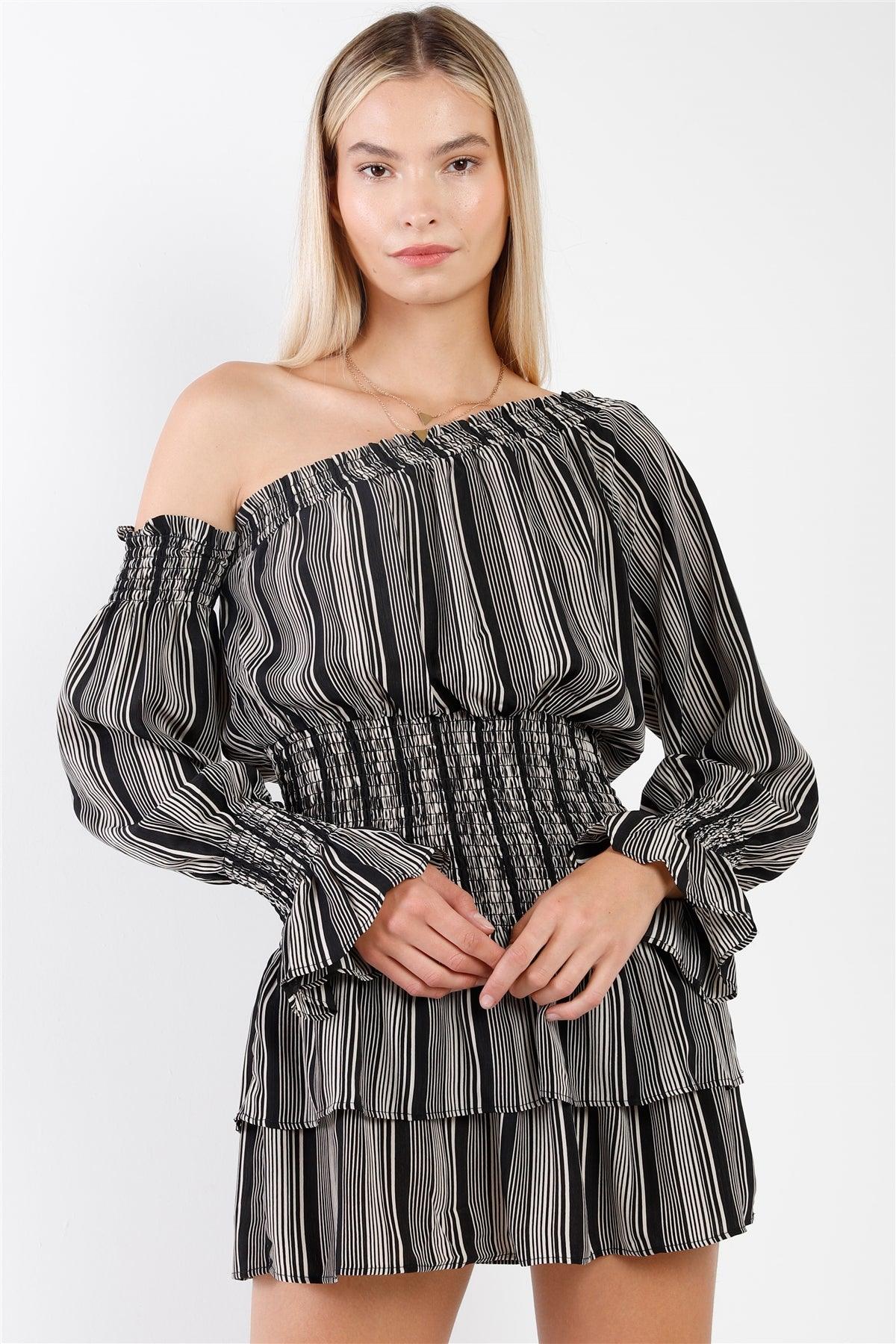 Black & White Striped One-Shoulder Long Balloon Sleeve Smock Waist Mini Dress /3-2-1