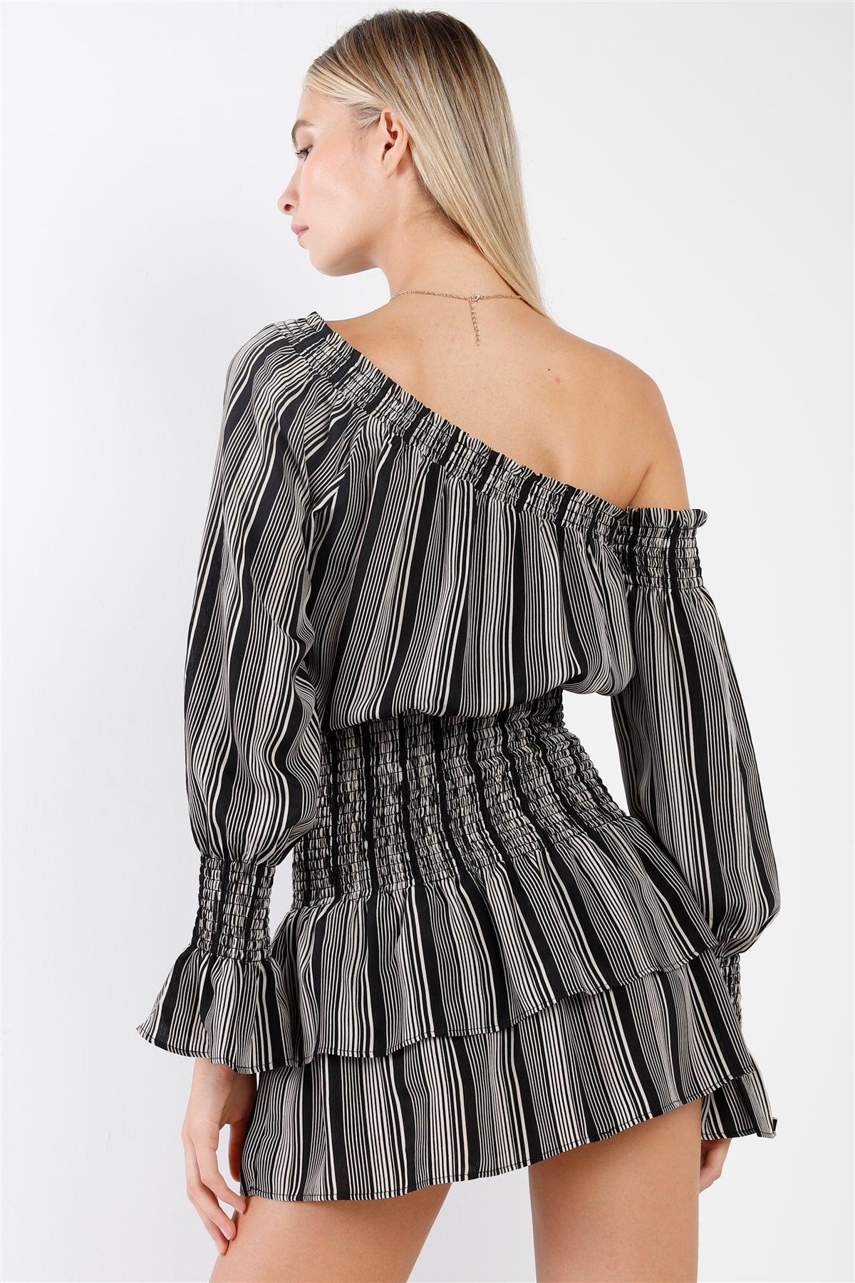 Black & White Striped One-Shoulder Long Balloon Sleeve Smock Waist Mini Dress /3-2-1