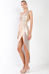 Gold Iridescent V-Neck Wrap Gathered Deep Side Slit Different Straps Maxi Dress /2-2-2