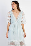 Mint Mesh Textured Embroidered Ruffle Self-Tie Details Maxi Dress /1-1-1