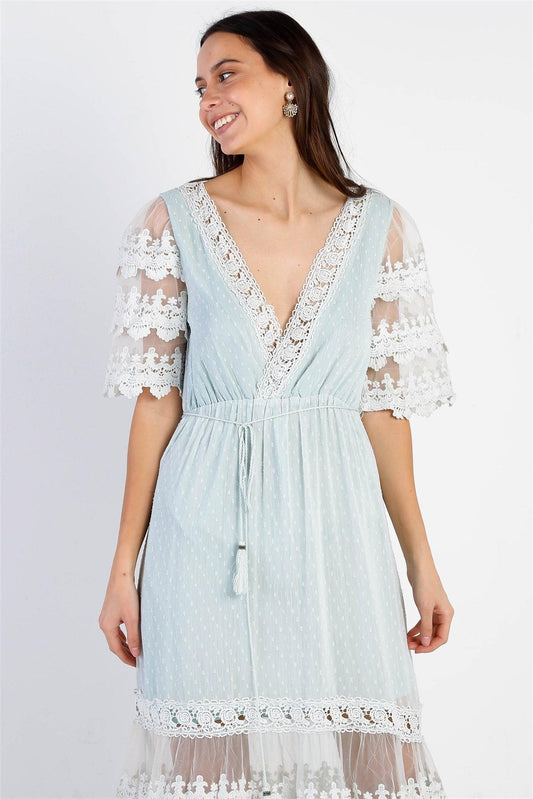 Mint Mesh Textured Embroidered Ruffle Self-Tie Details Maxi Dress /1-1-1