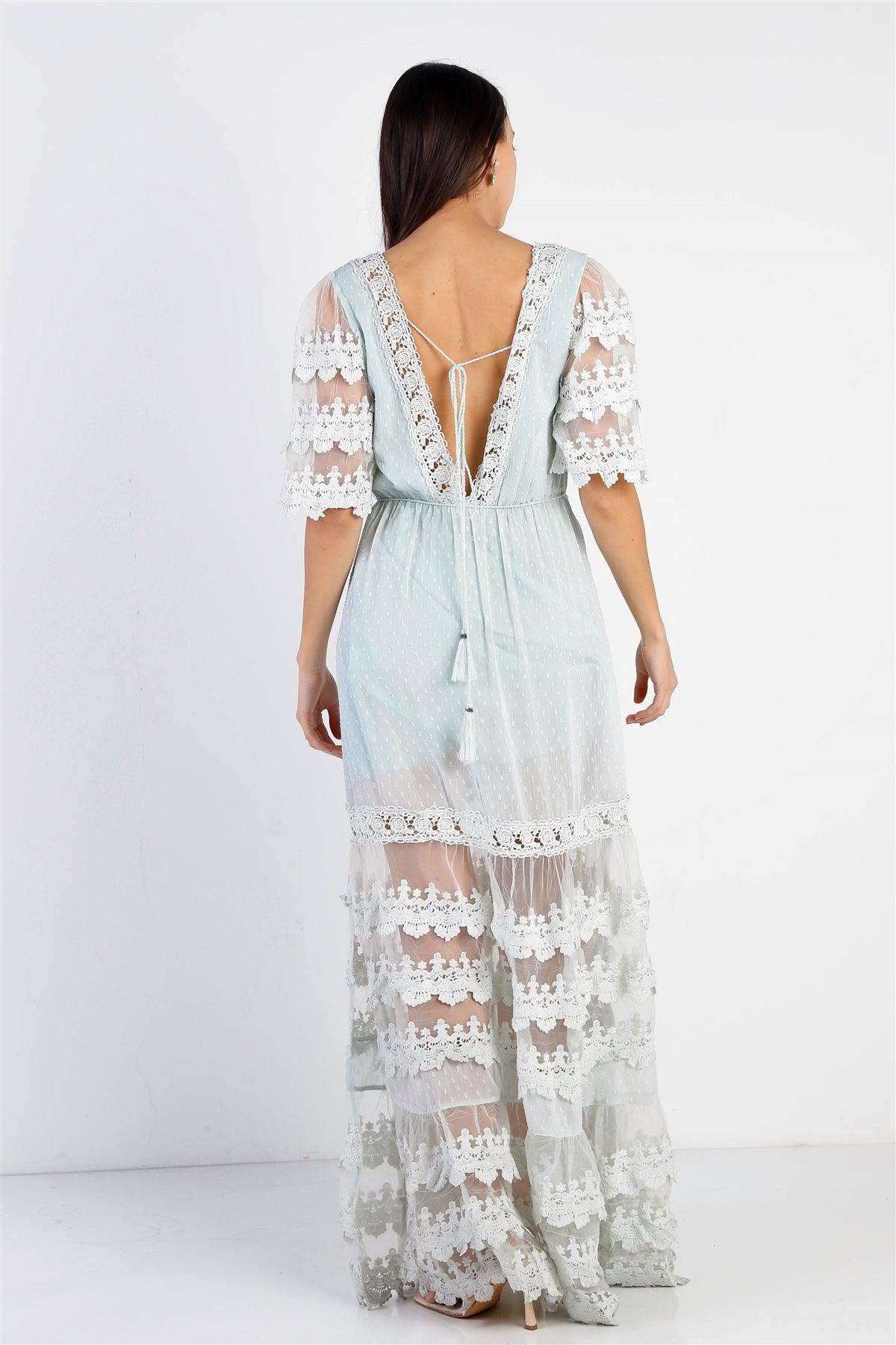 Mint Mesh Textured Embroidered Ruffle Self-Tie Details Maxi Dress /1-1-1