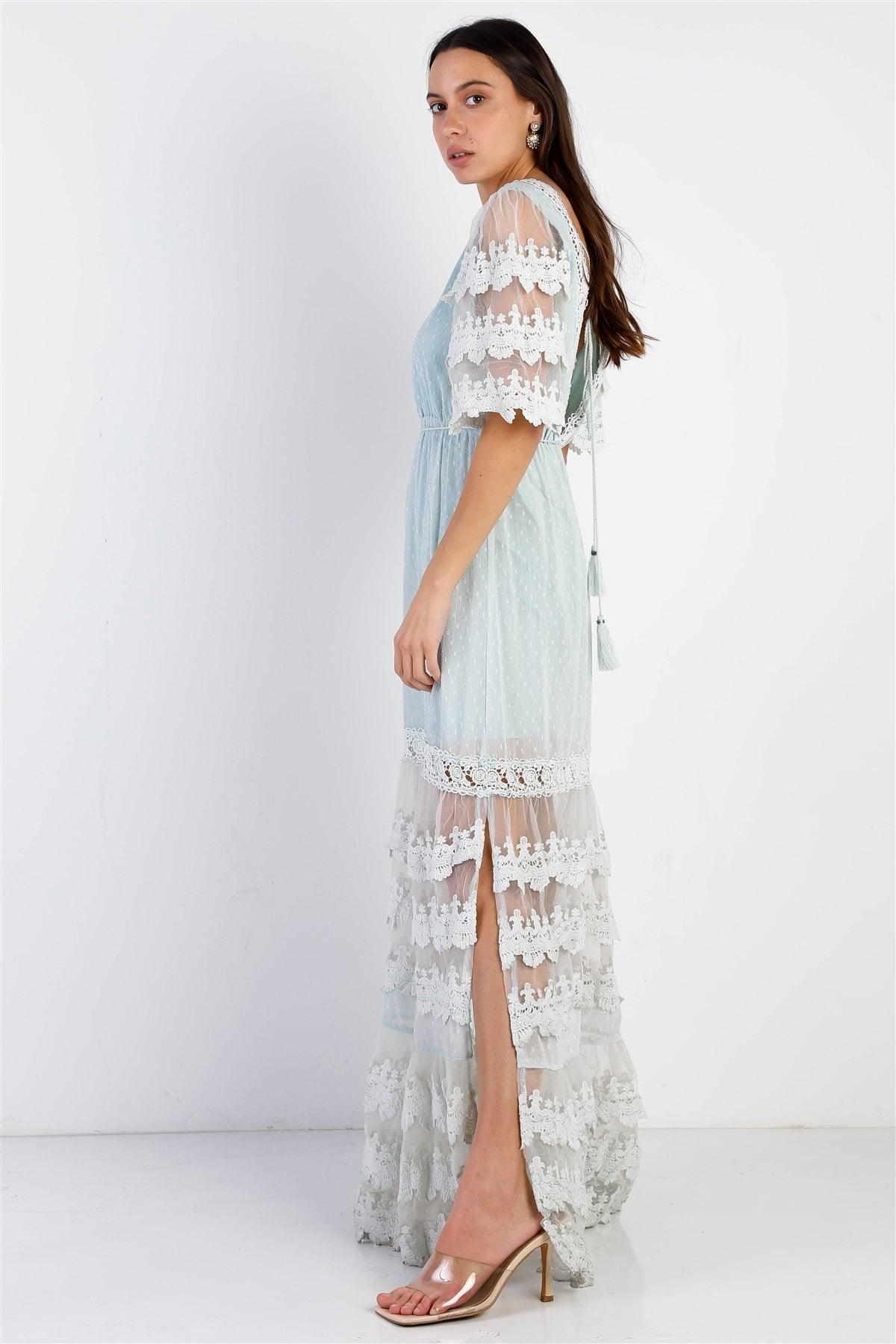 Mint Mesh Textured Embroidered Ruffle Self-Tie Details Maxi Dress /1-1-1