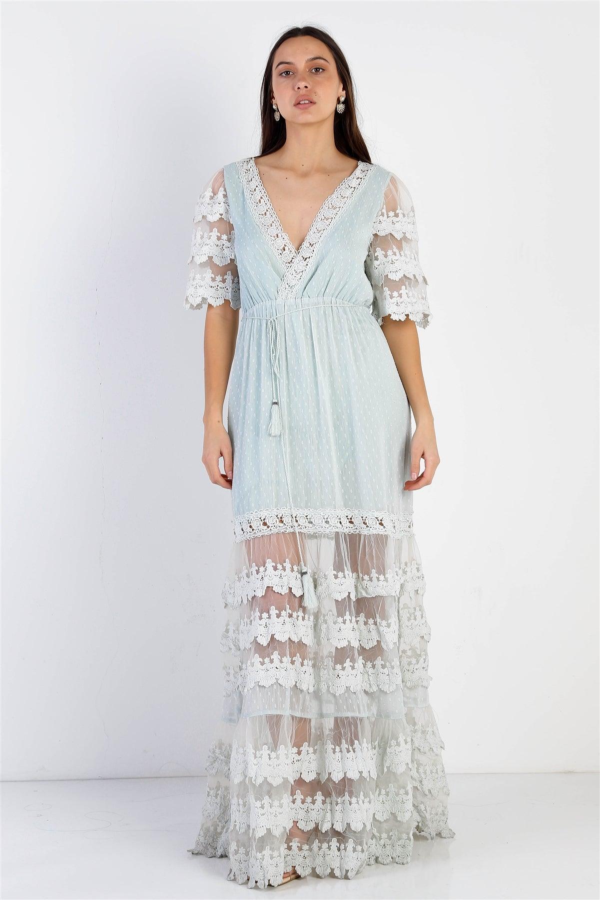 Mint Mesh Textured Embroidered Ruffle Self-Tie Details Maxi Dress /1-1-1