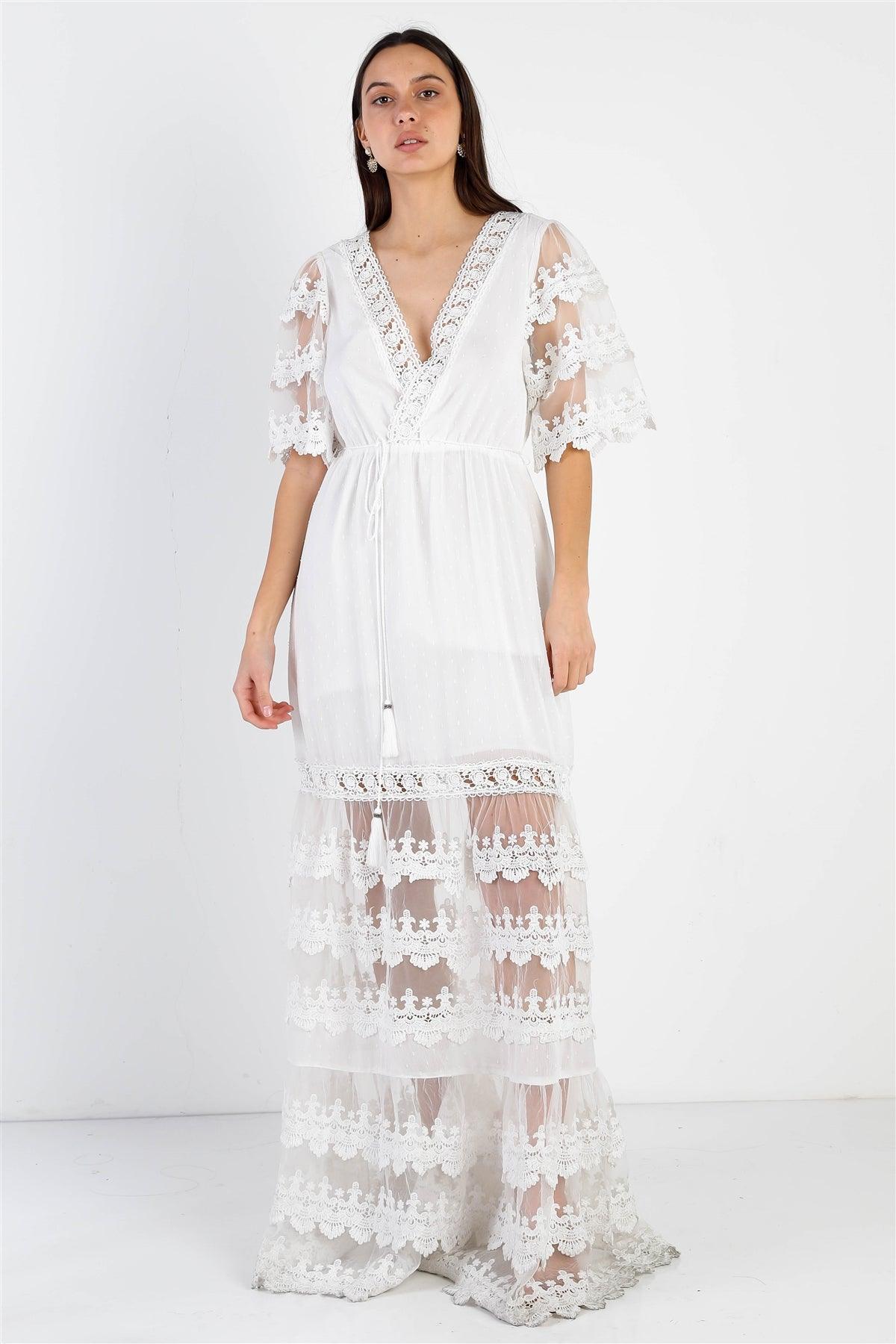 White Mesh Textured Embroidered Ruffle Self-Tie Details Maxi Dress /3-2-1