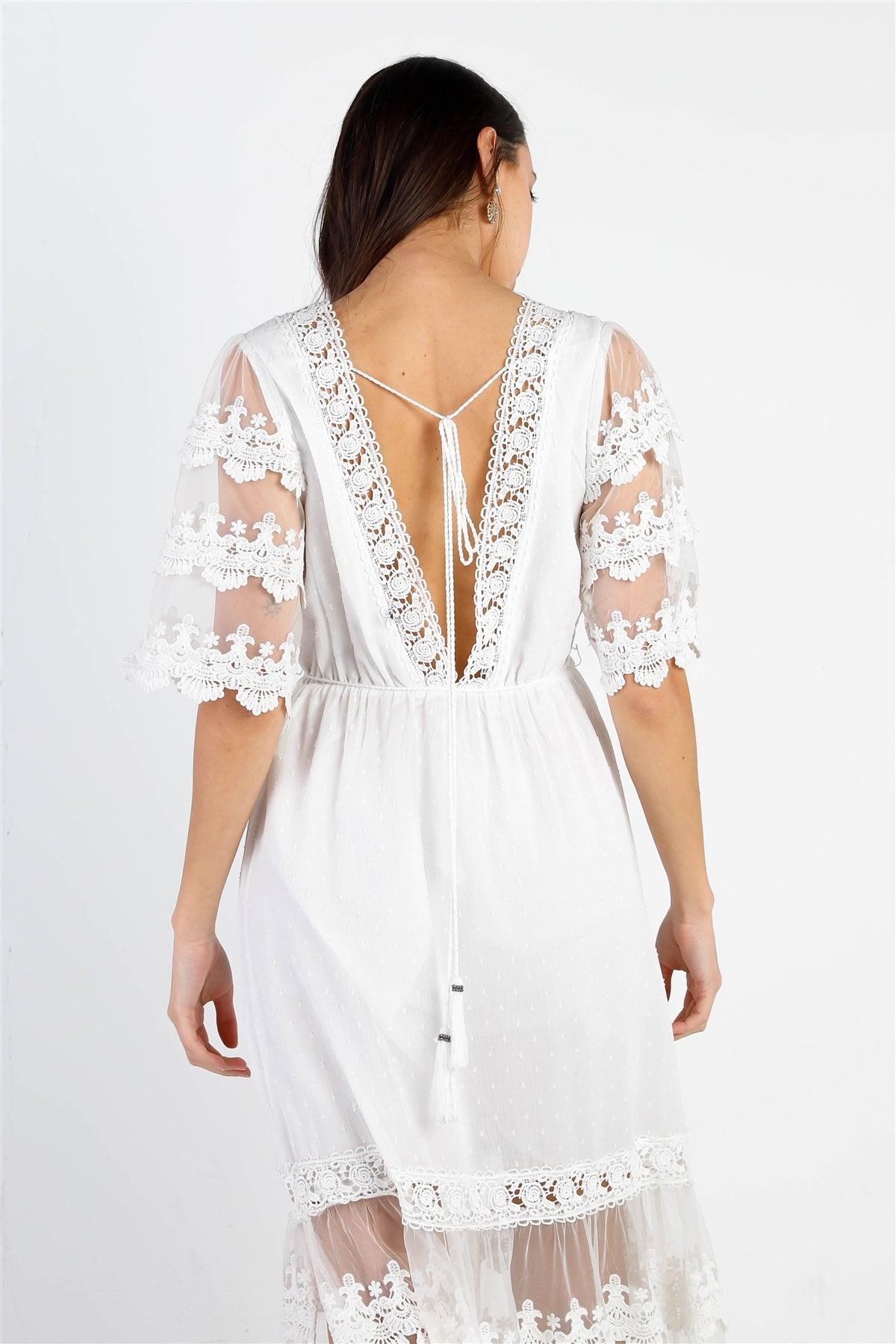 White Mesh Textured Embroidered Ruffle Self-Tie Details Maxi Dress /3-2-1