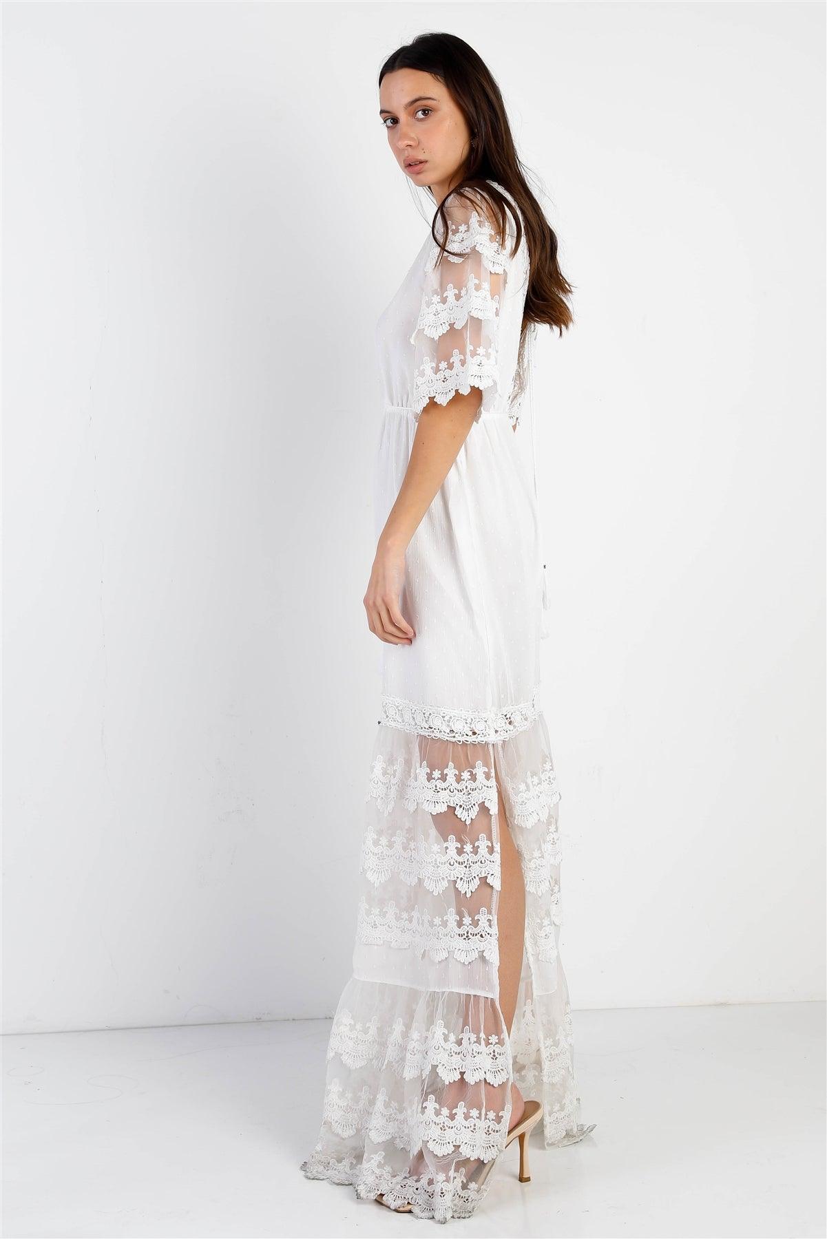 White Mesh Textured Embroidered Ruffle Self-Tie Details Maxi Dress /3-2-1