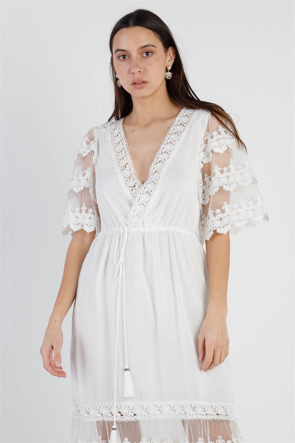 White Mesh Textured Embroidered Ruffle Self-Tie Details Maxi Dress /3-2-1