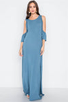 Blue Cold Shoulder Side Slit Maxi Basic Dress