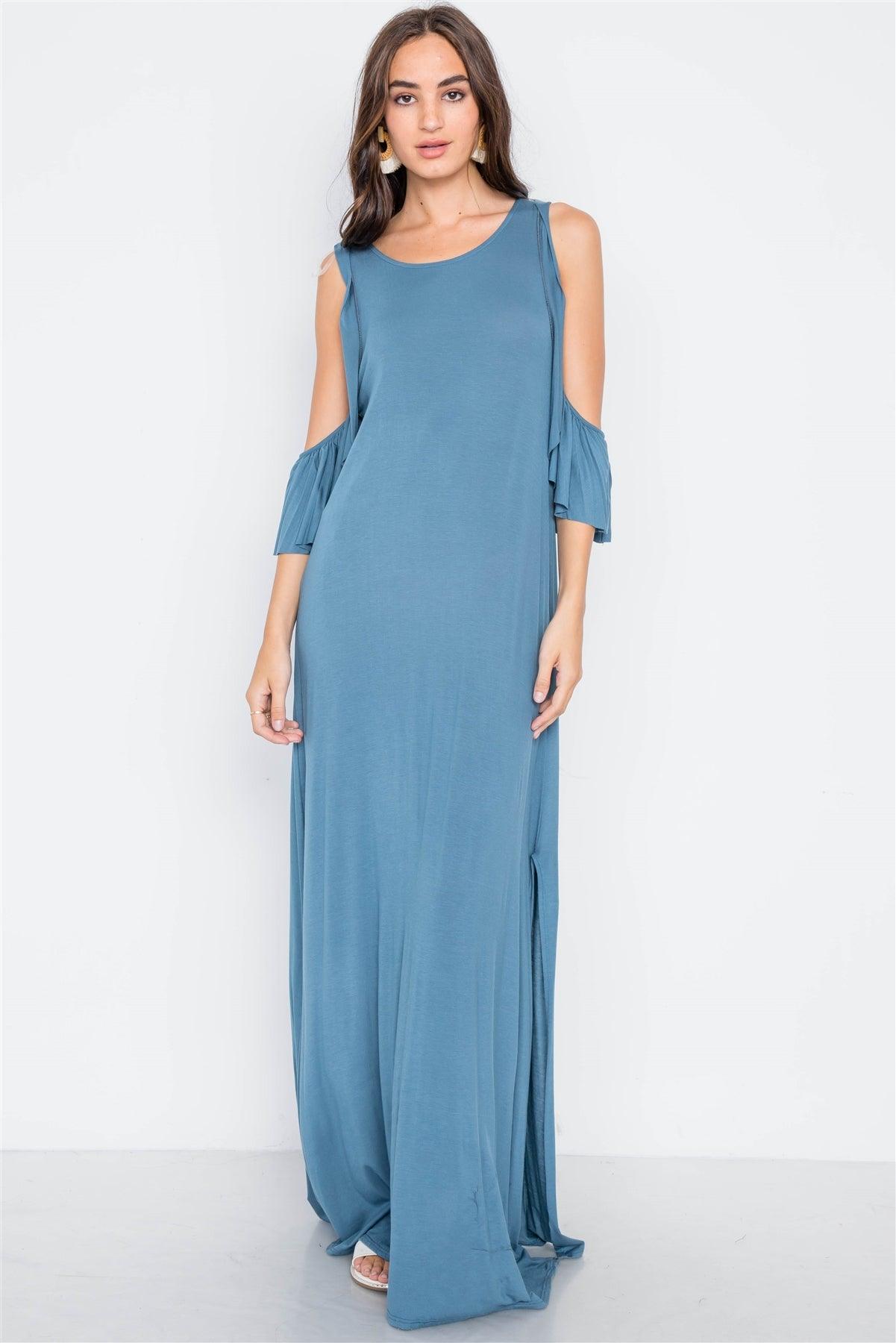 Blue Cold Shoulder Side Slit Maxi Basic Dress