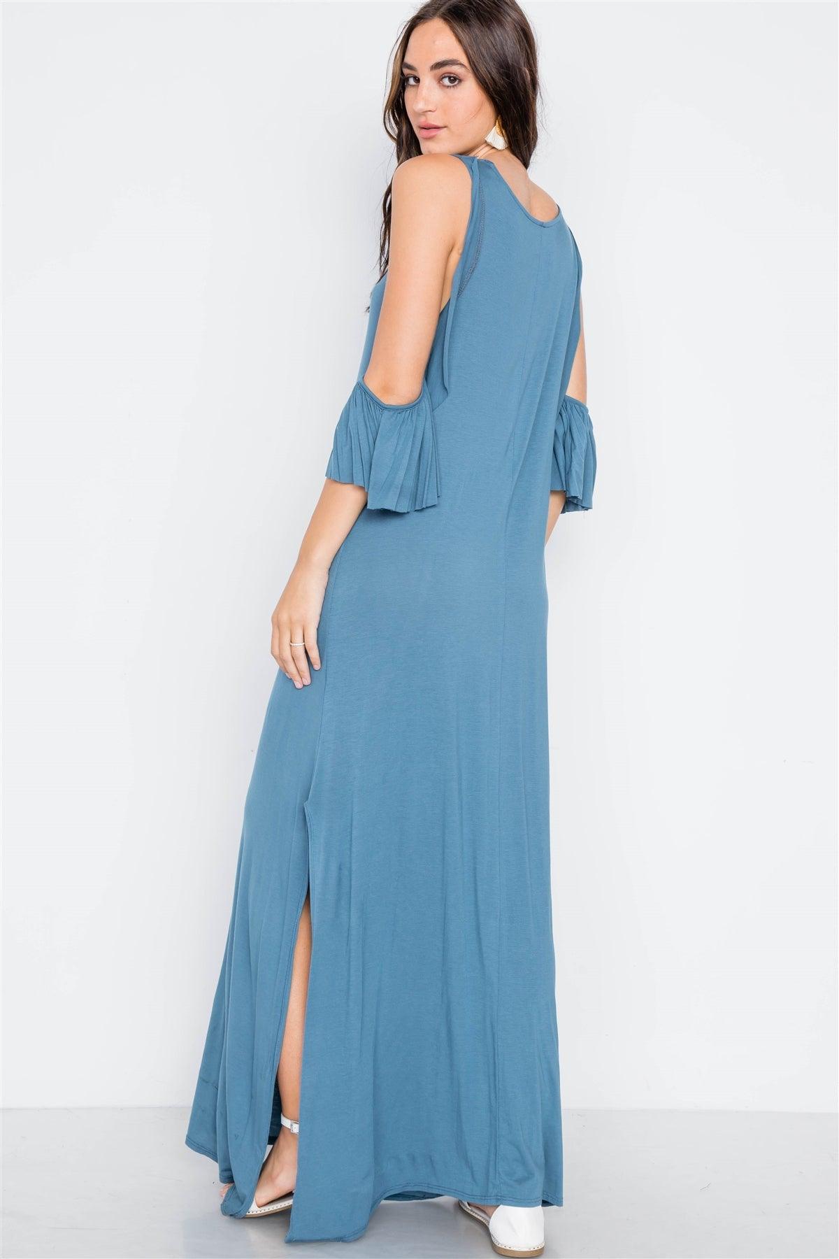 Blue Cold Shoulder Side Slit Maxi Basic Dress