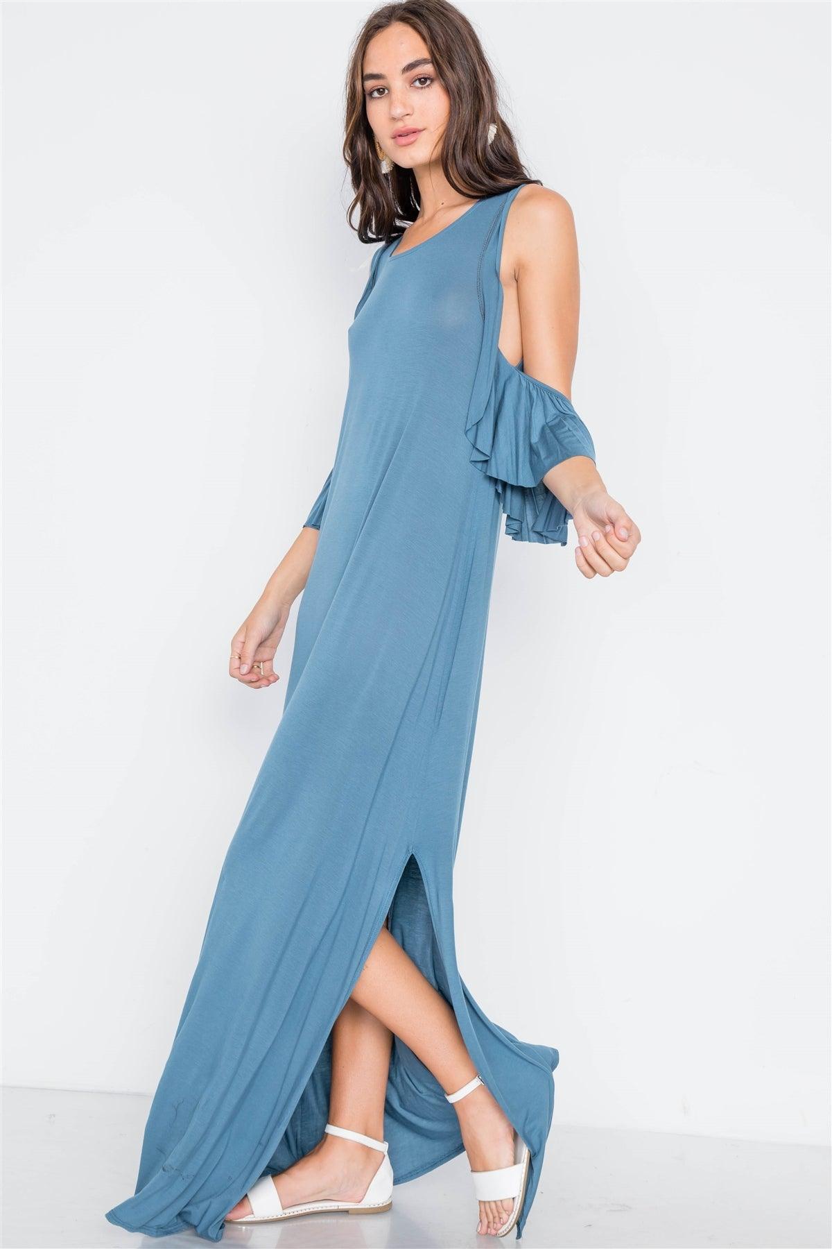 Blue Cold Shoulder Side Slit Maxi Basic Dress