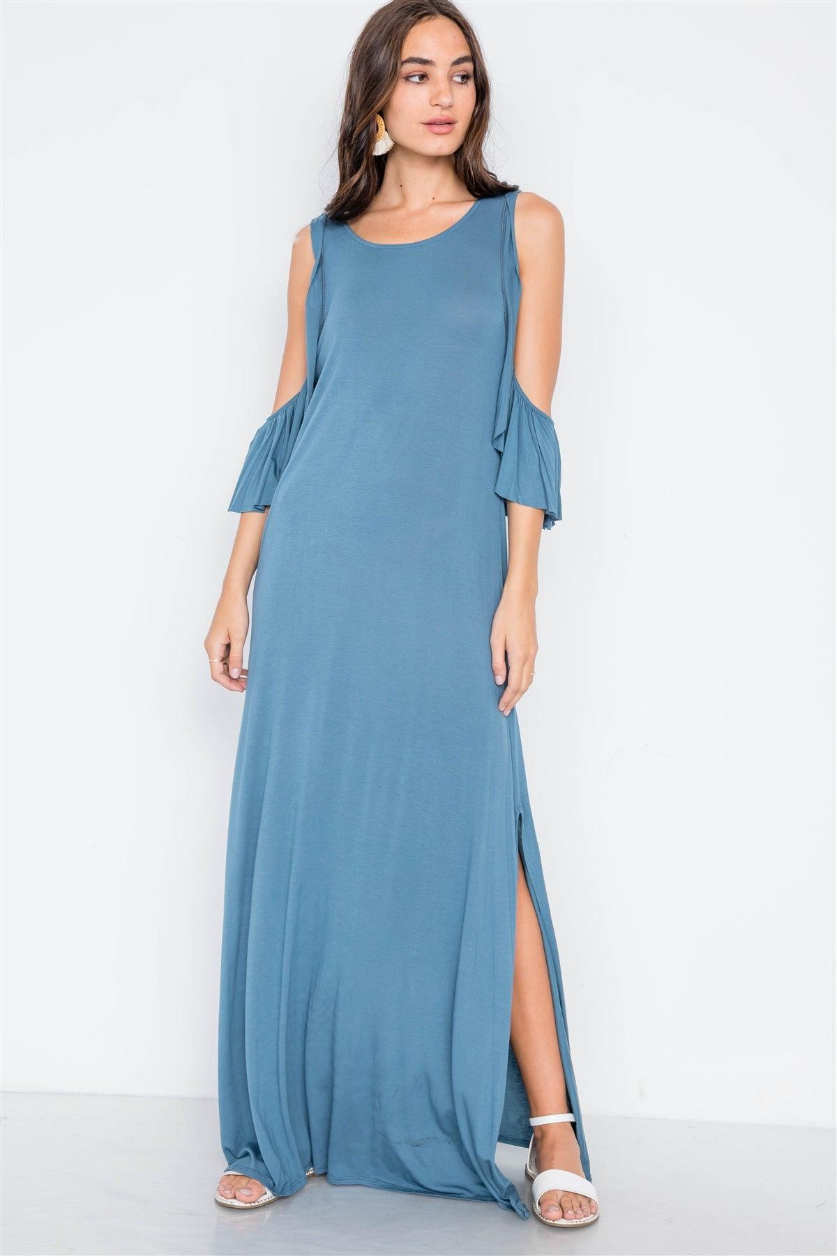 Blue Cold Shoulder Side Slit Maxi Basic Dress