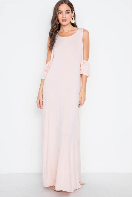 Light Pink Cold Shoulder Side Slit Maxi Basic Dress