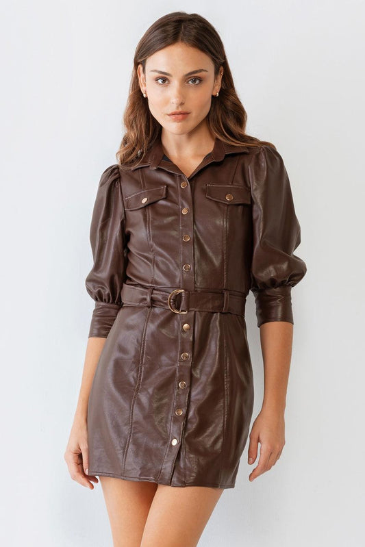 Brown Leather Like Shirt Button-Up Belted Collared Mini Dress /2-2-2