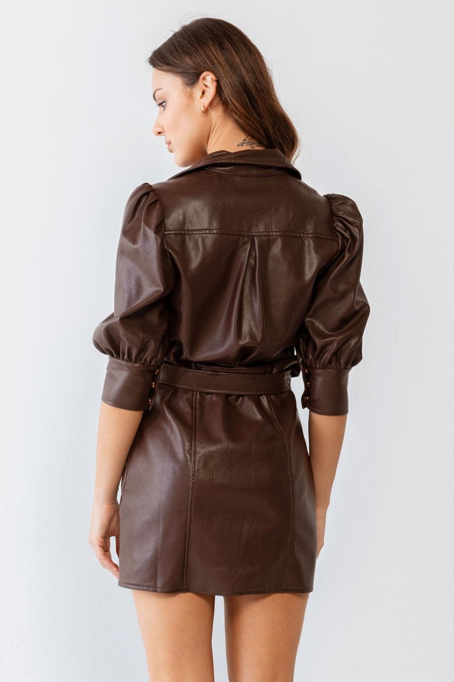 Brown Leather Like Shirt Button-Up Belted Collared Mini Dress /2-2-2