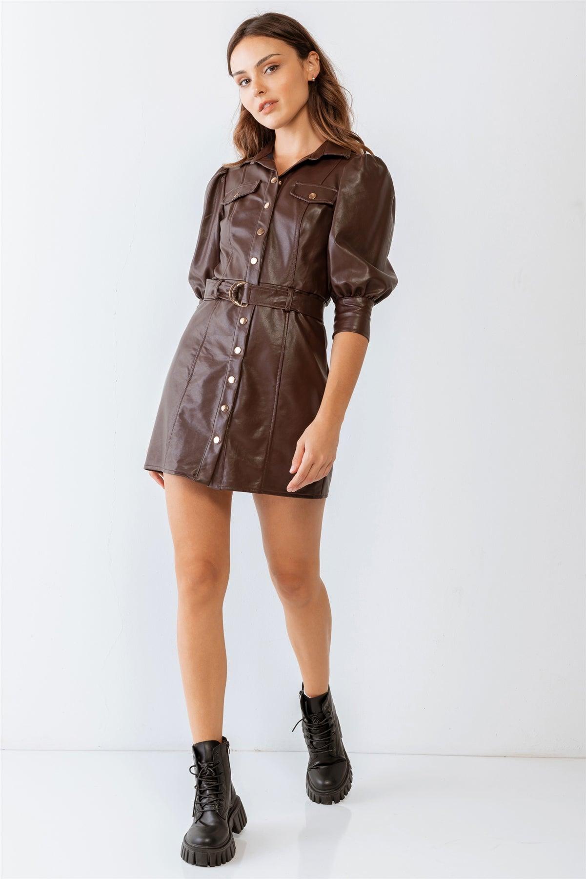 Brown Leather Like Shirt Button-Up Belted Collared Mini Dress /2-2-2