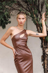 Brown Faux Leather One Shoulder Cut-Out Midi Dress /1-2-2-1