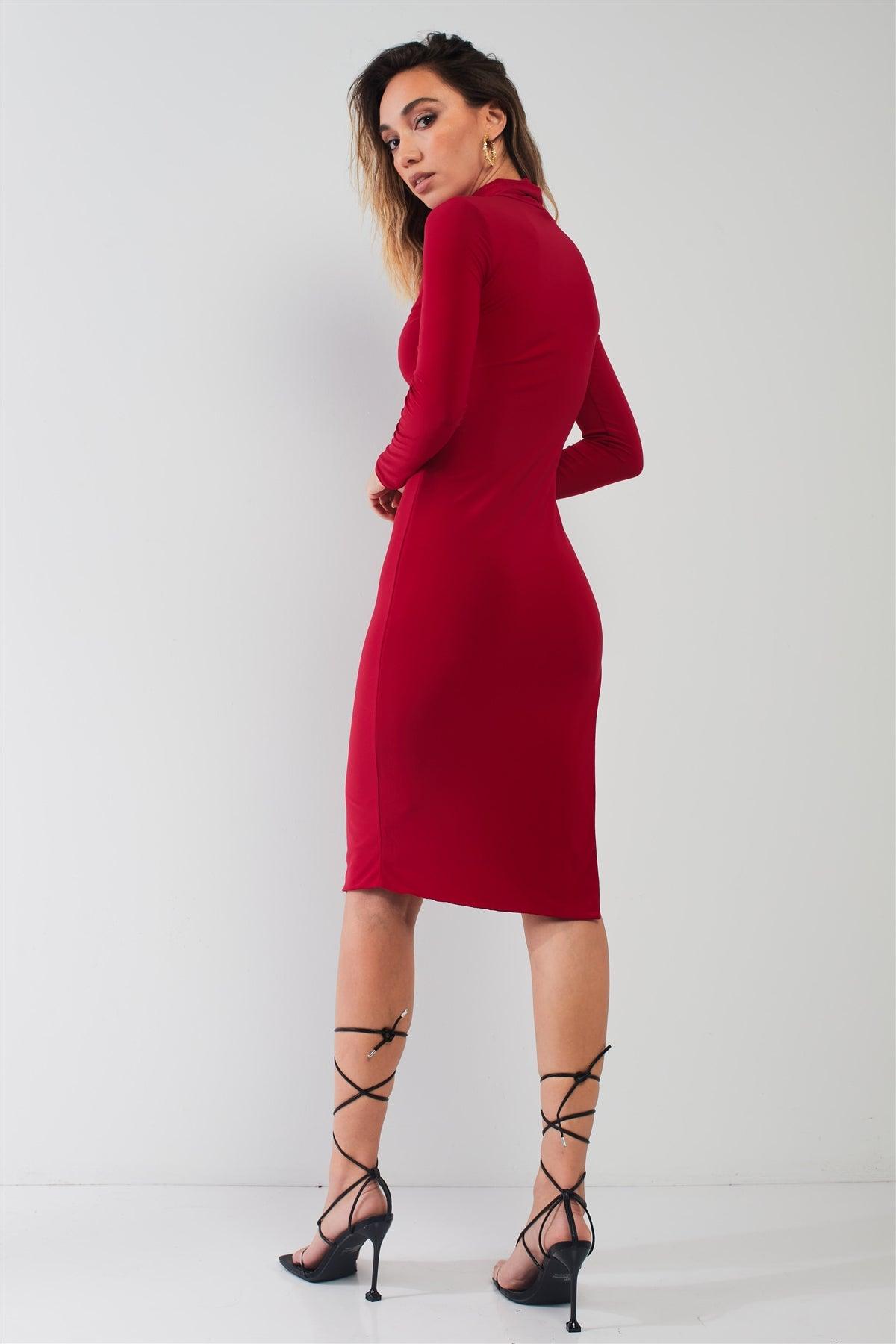 Passion Red Turtle Neck Long Sleeve Super Deep Side Slit With Tie Detail Midi Dress /2-2-1