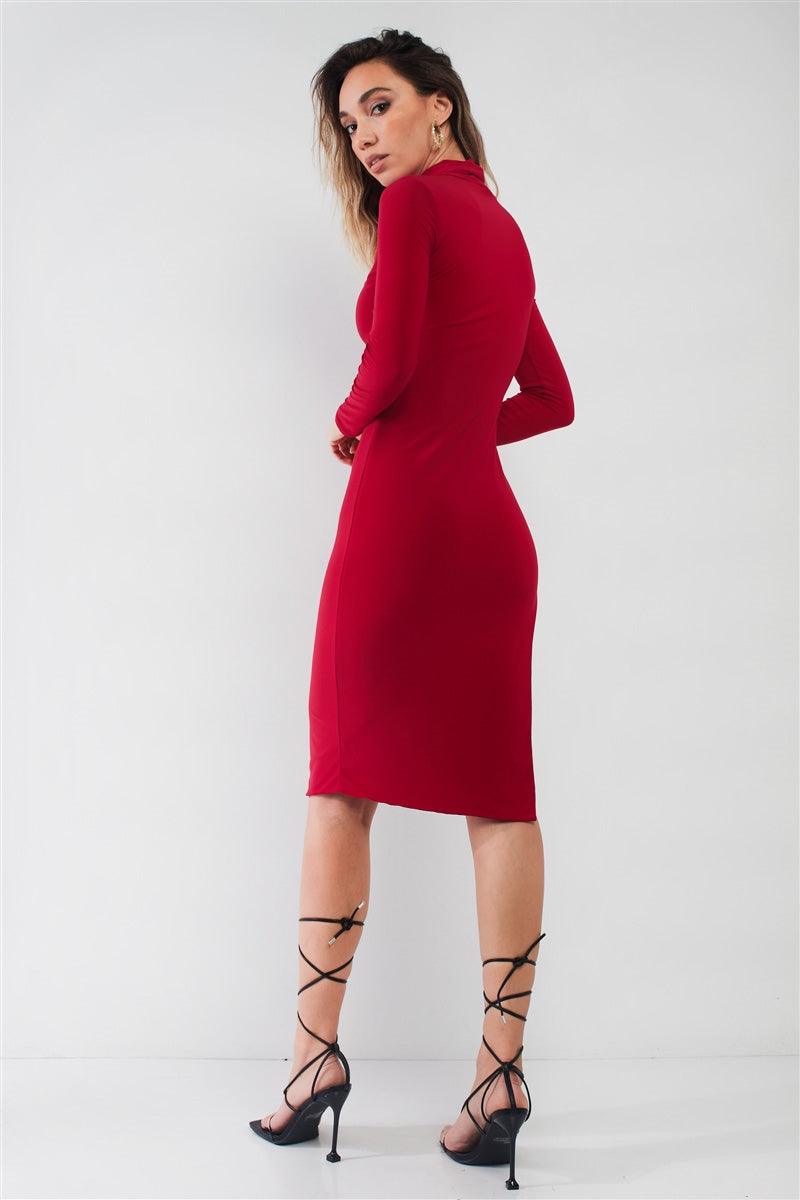 Passion Red Turtle Neck Long Sleeve Super Deep Side Slit With Tie Detail Midi Dress /3-2-1